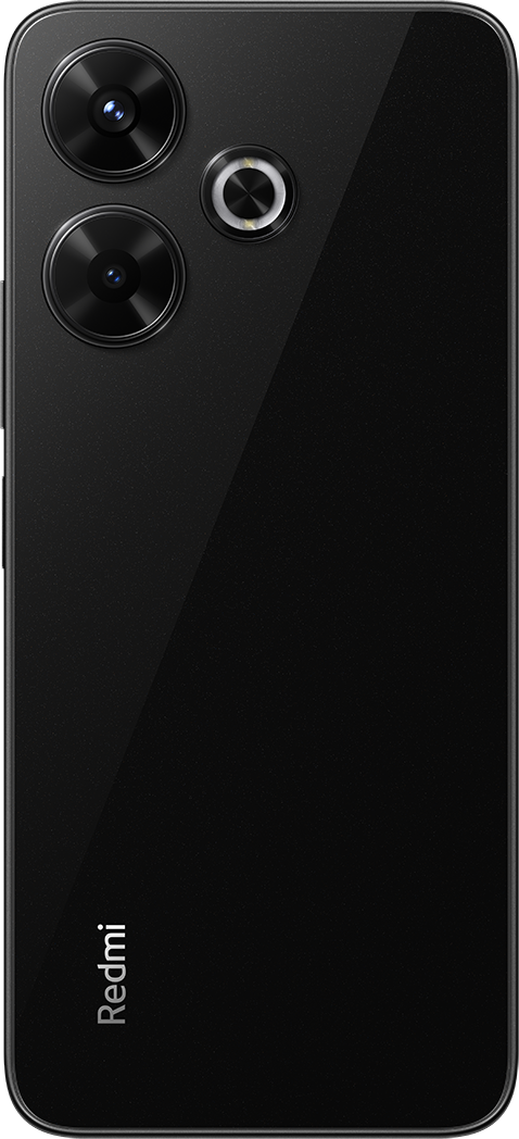 Fekete okostelefon hátlap három kamerával és a Redmi logóval. Elegáns design.