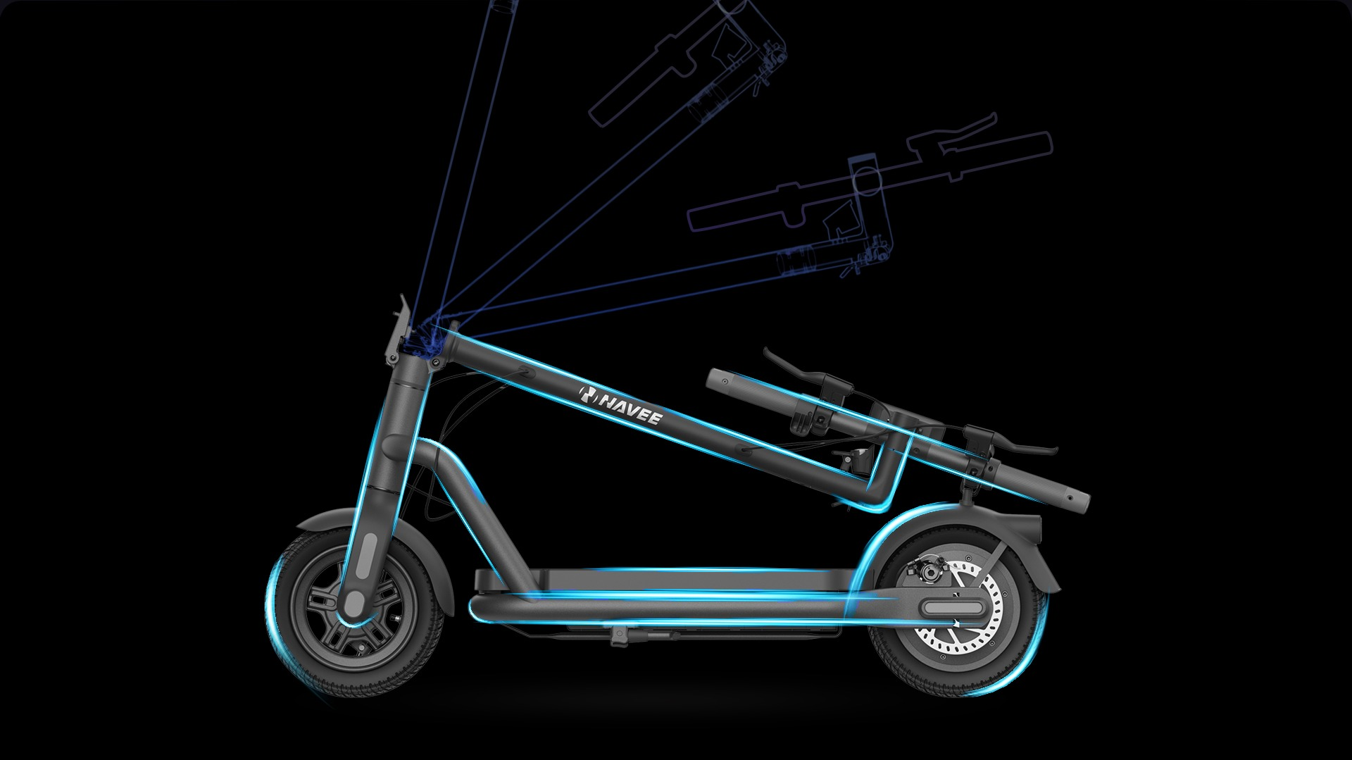 Schemat e-hulajnogi, pokazujący mechanizm składania. Niebieskie linie wskazują punkty zgięcia.
