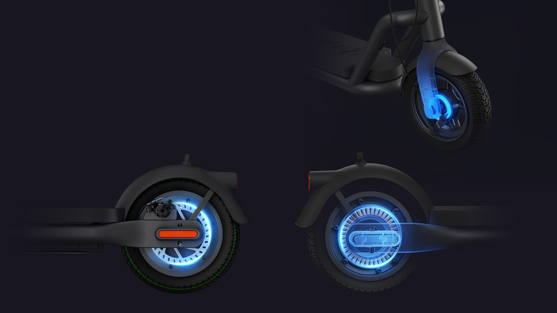 Ilustracja przedstawiająca części czarnej hulajnogi elektrycznej, z niebieskimi podświetleniami.