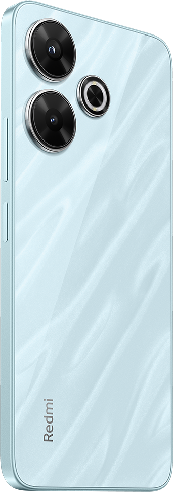 Világoskék mobiltelefon, hátulján kamerával. A telefon fehér háttéren.