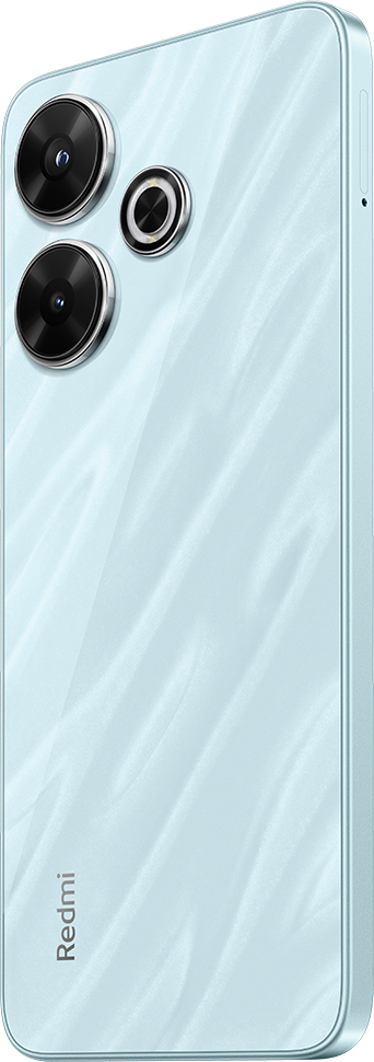 Egy kék okostelefon hátulról, három kamerával és a Redmi logóval fehér felületen.