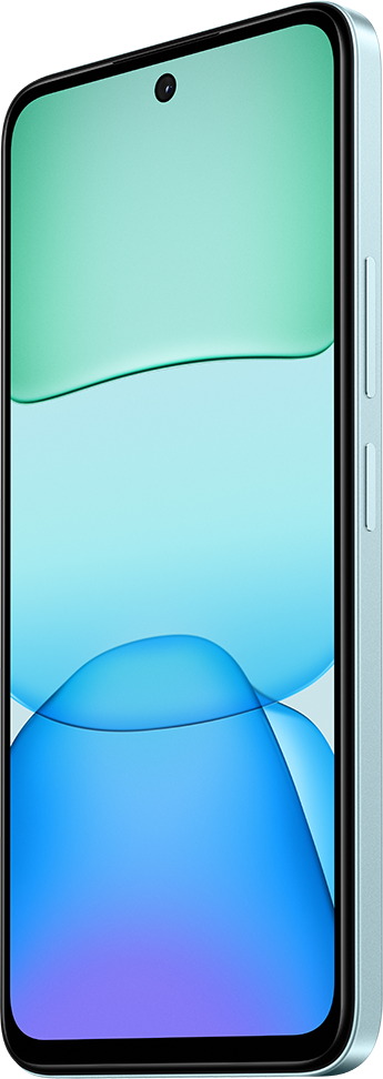Világoszöld telefon, kék és zöld absztrakt formákat mutató képernyő, oldalsó nézet.
