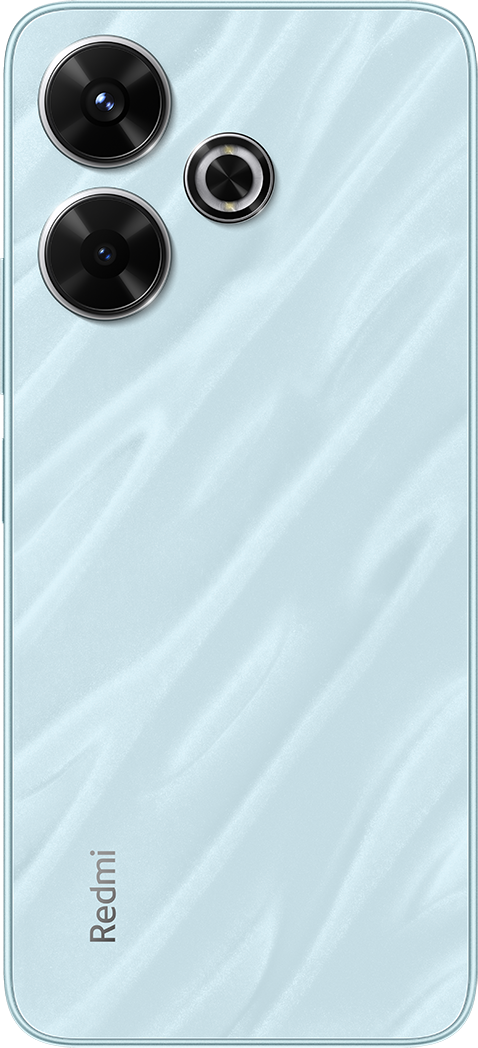Világoskék telefon három hátlapi kamerával és a Redmi logóval.