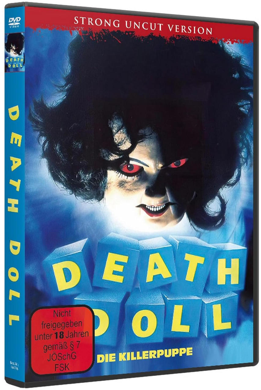 DVD-Cover für den Film „Death Doll“. Zeigt ein puppenartiges Gesicht mit roten Augen und gruseligem Ausdruck.