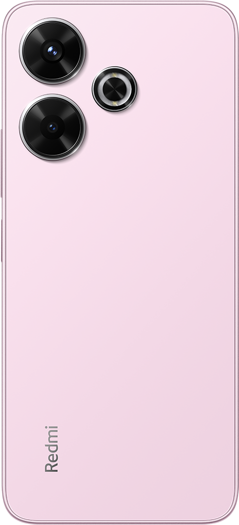 Rózsaszín Redmi telefon hátlapja. Három kamera lencse. Redmi logó alul.