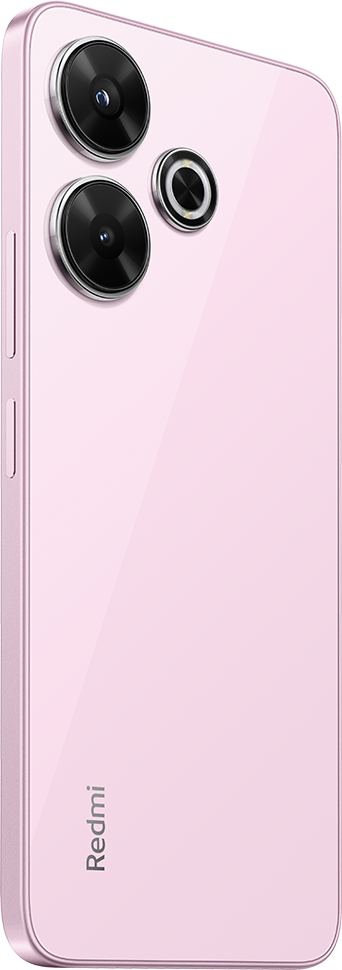 Rózsaszín telefon három hátlapi kamerával, Redmi márkalogó.