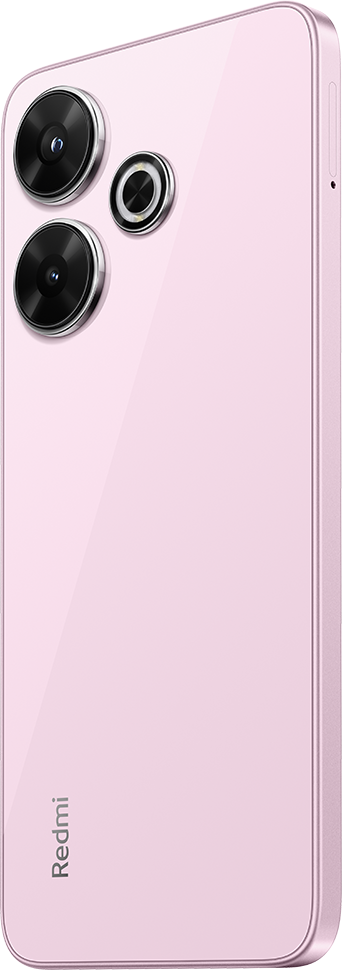 Rózsaszín okostelefon három hátsó kamerával. A Redmi logó alul található.