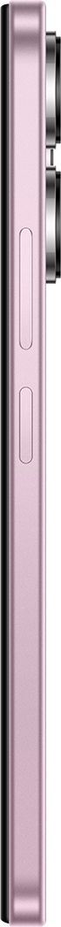Egy rózsaszín telefon oldalsó nézete gombokkal és kameradudorral fekete háttéren.