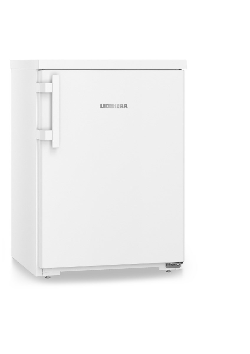 Ein weißer Liebherr-Kühlschrank. Es ist ein kleiner, kompakter Kühlschrank mit einem Griff an der Tür.