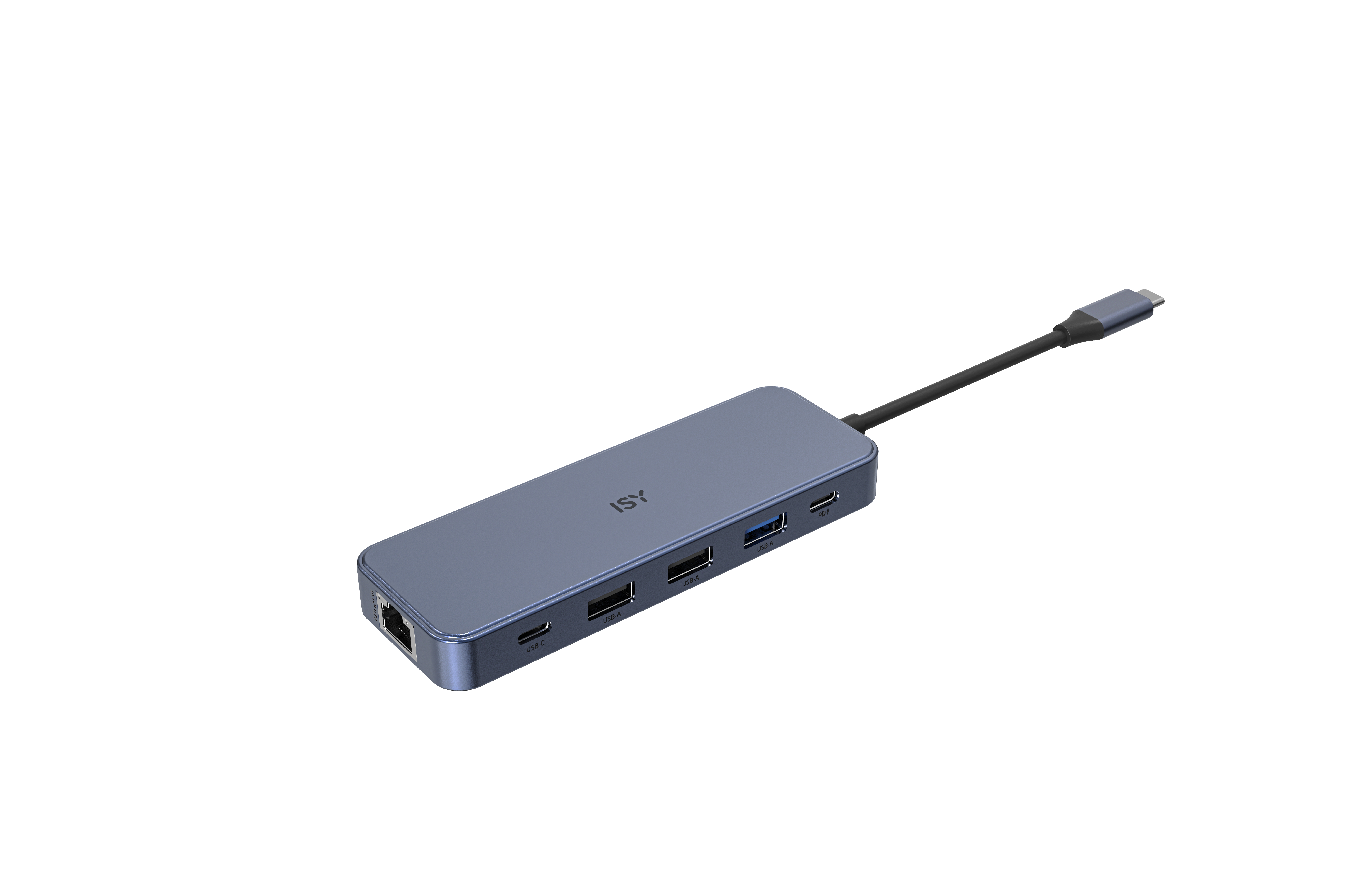 Ein blauer ISY USB-C-Hub mit mehreren Anschlüssen, verbunden mit einem Kabel, auf weißem Hintergrund.