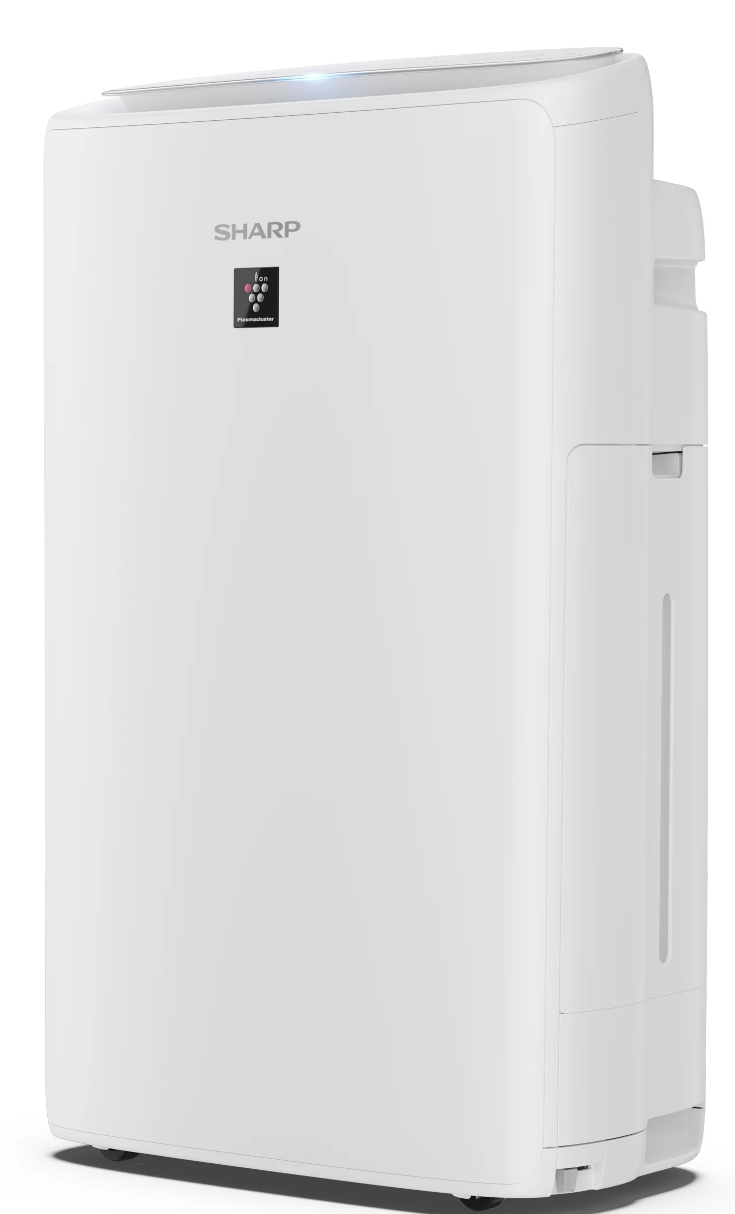 Biały oczyszczacz powietrza Sharp. Widok z przodu. Panel wyświetlacza pośrodku. Biała obudowa.