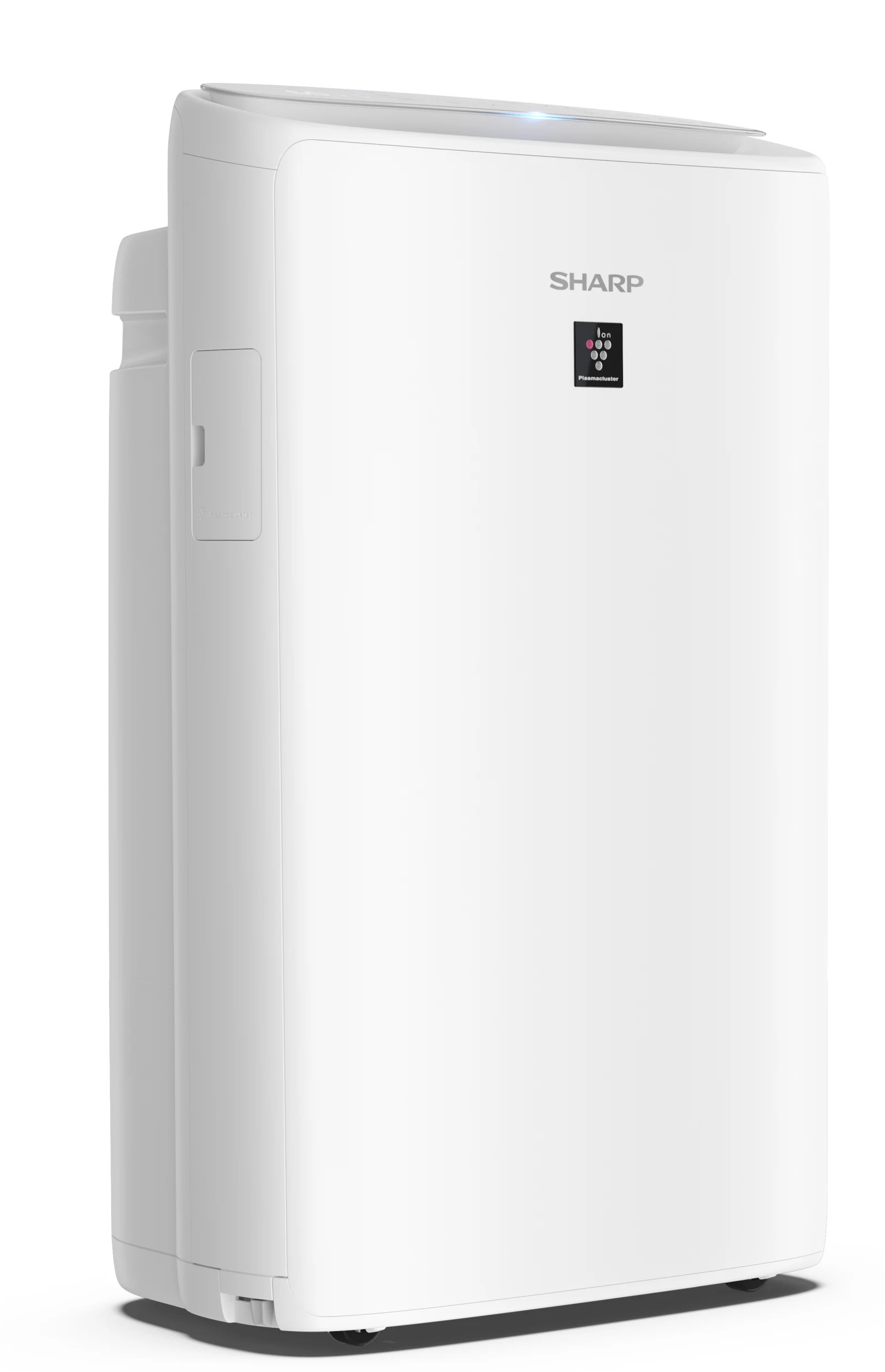 Białe urządzenie oczyszczające powietrze z czarnym logo Sharp. Ma prostokątny kształt i boczne detale.