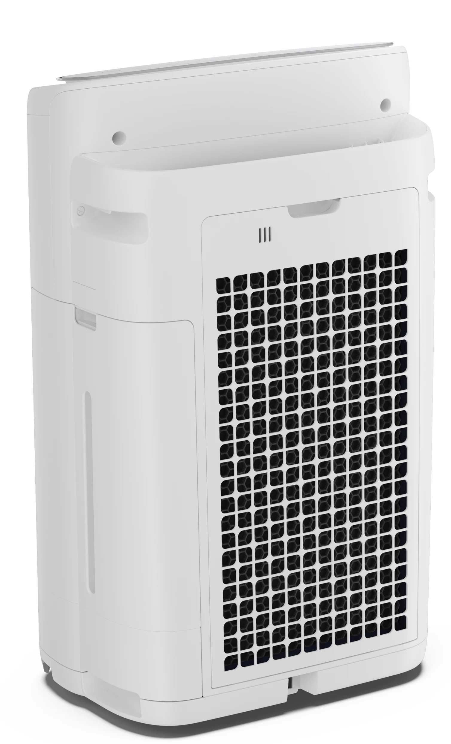 Oczyszczacz powietrza, biały, widok z tyłu. Szczegóły kratki i uchwytu. Czysty, nowoczesny design.