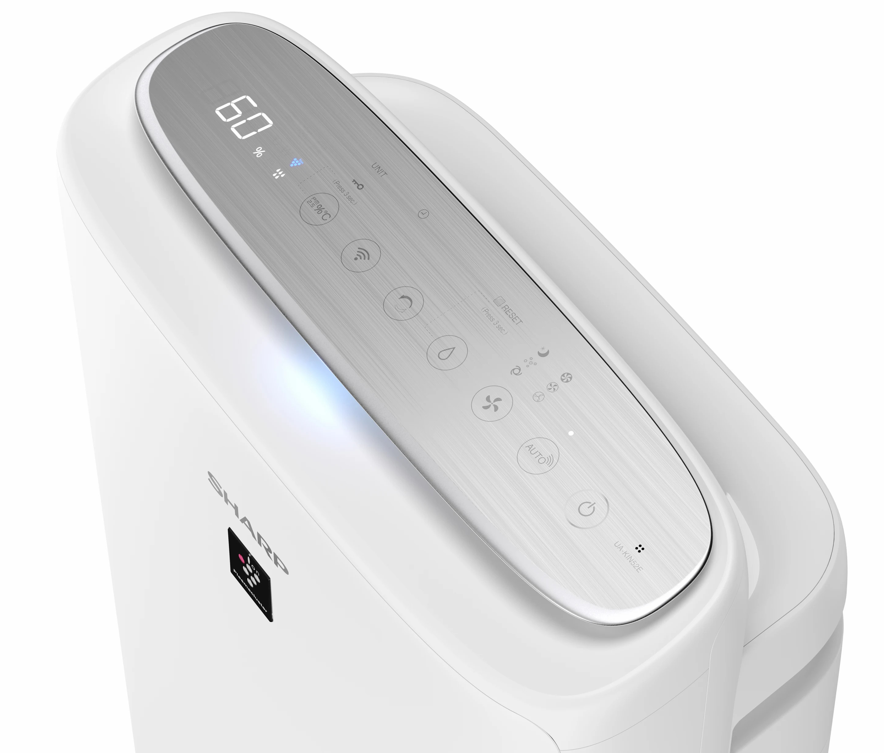 Biały oczyszczacz powietrza z cyfrowym wyświetlaczem, pokazujący ustawienia i panel sterowania.