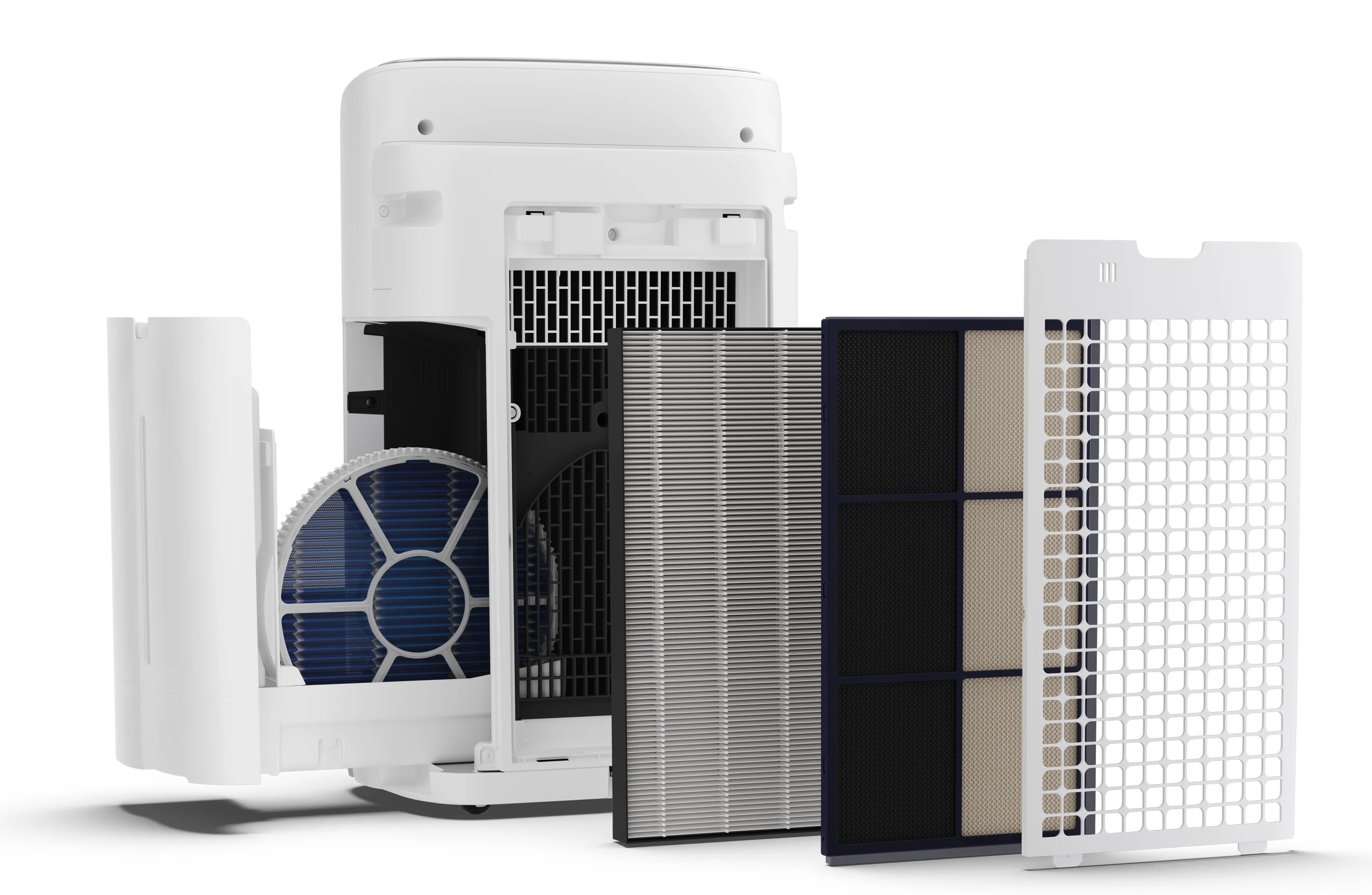 Oczyszczacz powietrza zdemontowany, pokazujący filtry i elementy wewnętrzne. Odizolowany na białym tle.