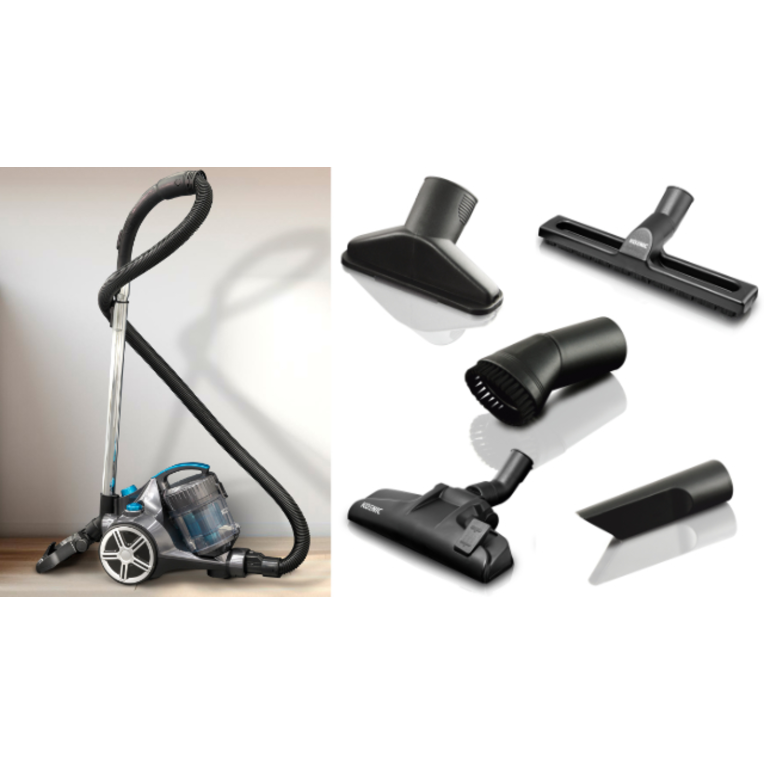 Vacuum cleaner with attachments on a light wooden floor and white wall.