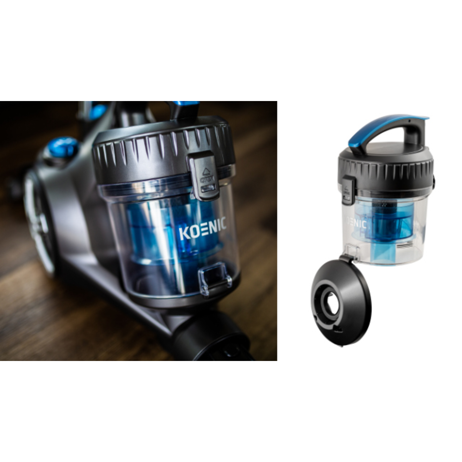 Vacuum cleaner parts, a blue and clear canister and a separate black opening part.