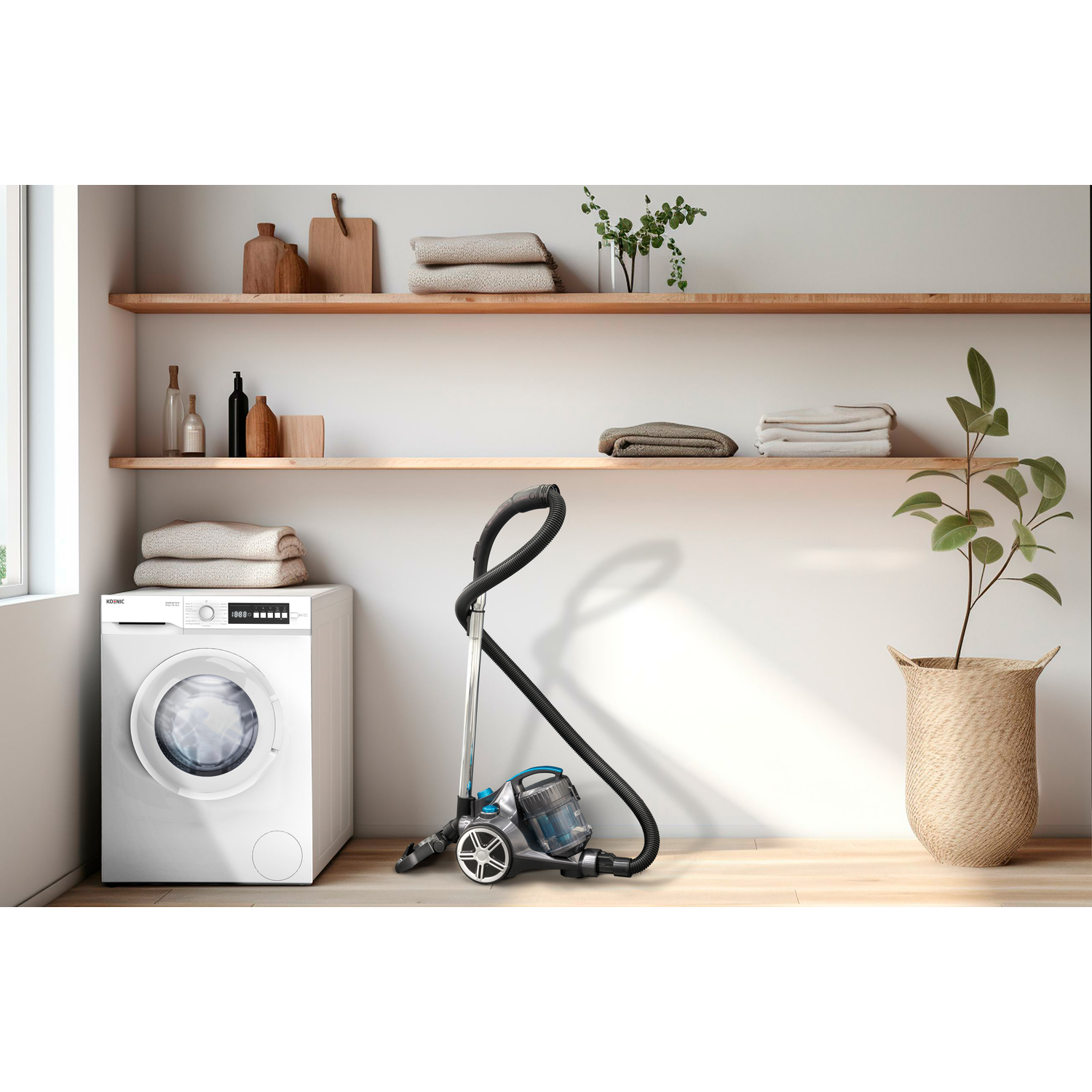 Laundry room with a washing machine, vacuum cleaner, and shelves.