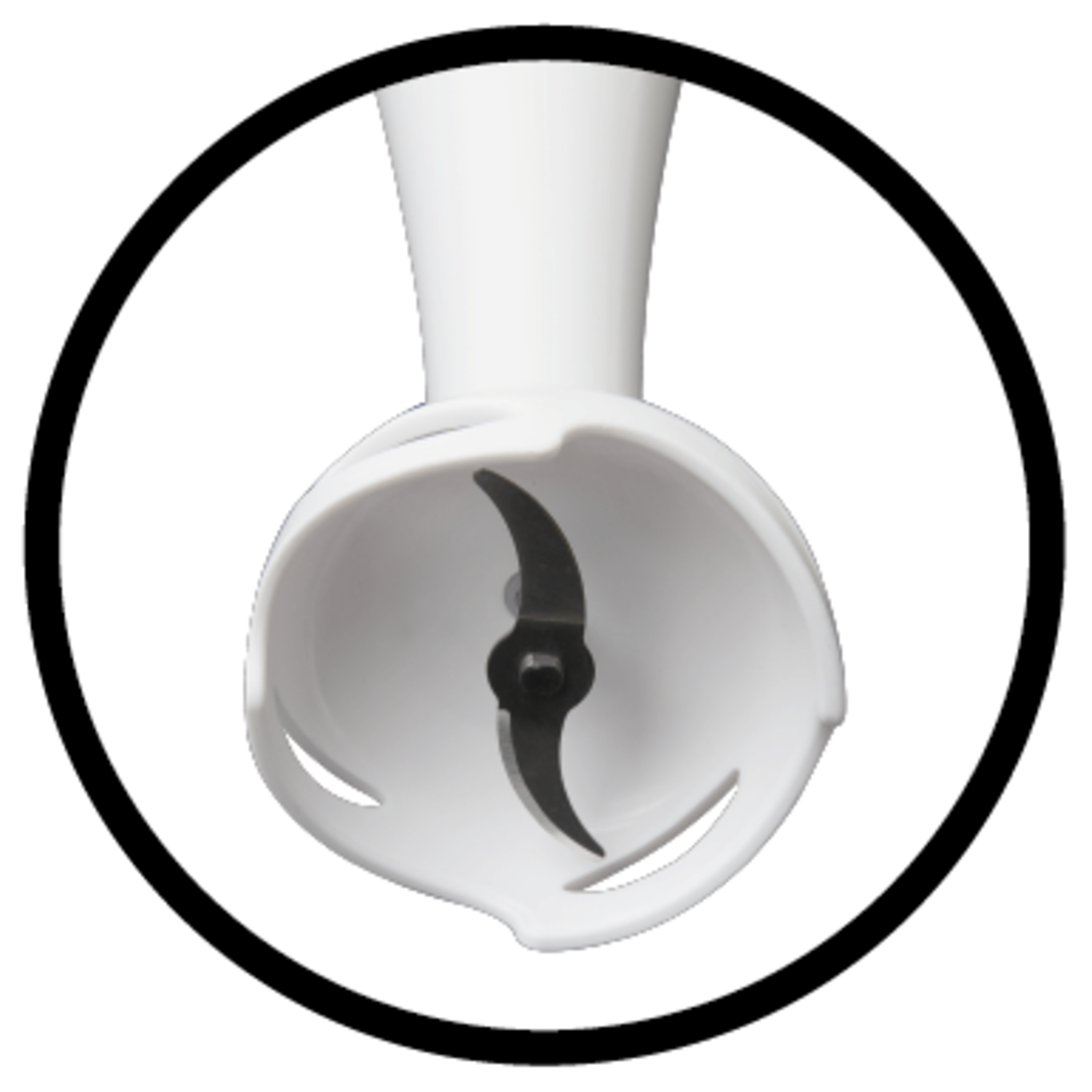 Close-up of a white hand blender head with a black blade inside a white enclosure.
