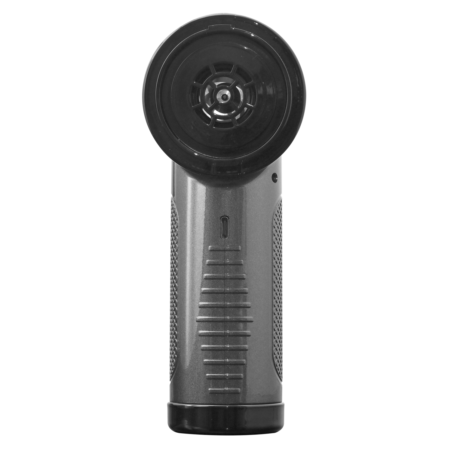 A black handheld massager with a circular head. It has a USB port and is against a black background.