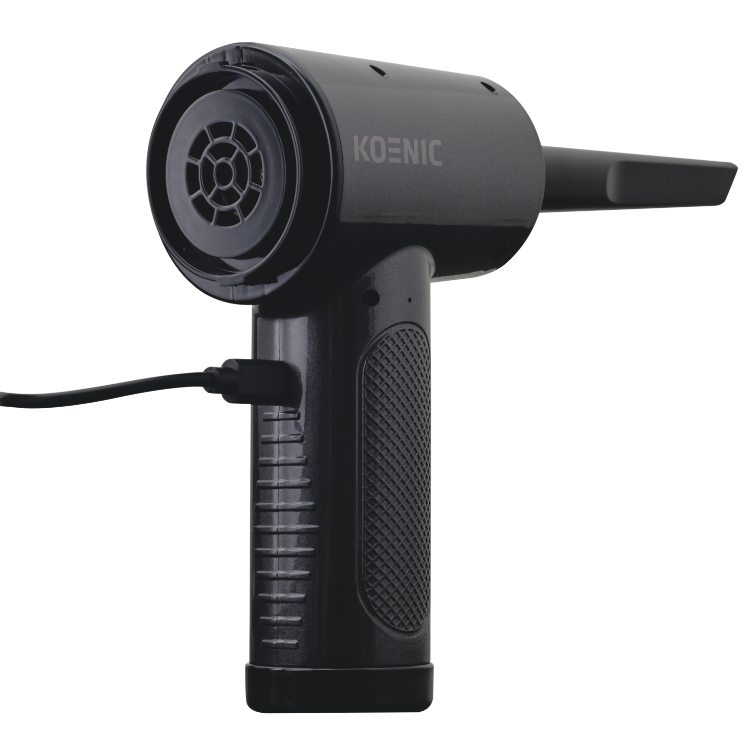 A black Koenic air duster. It has a nozzle and a charging port. The handle has a grip pattern.