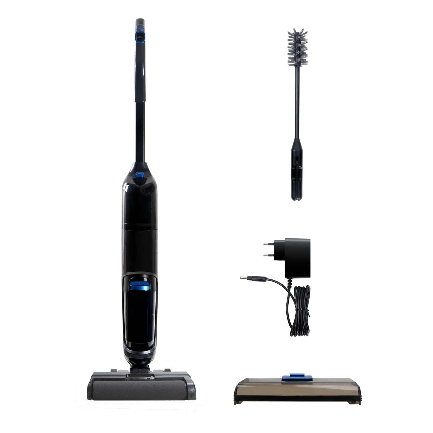 Cordless wet-dry vacuum and accessories. Includes a brush, charging base, and charger.