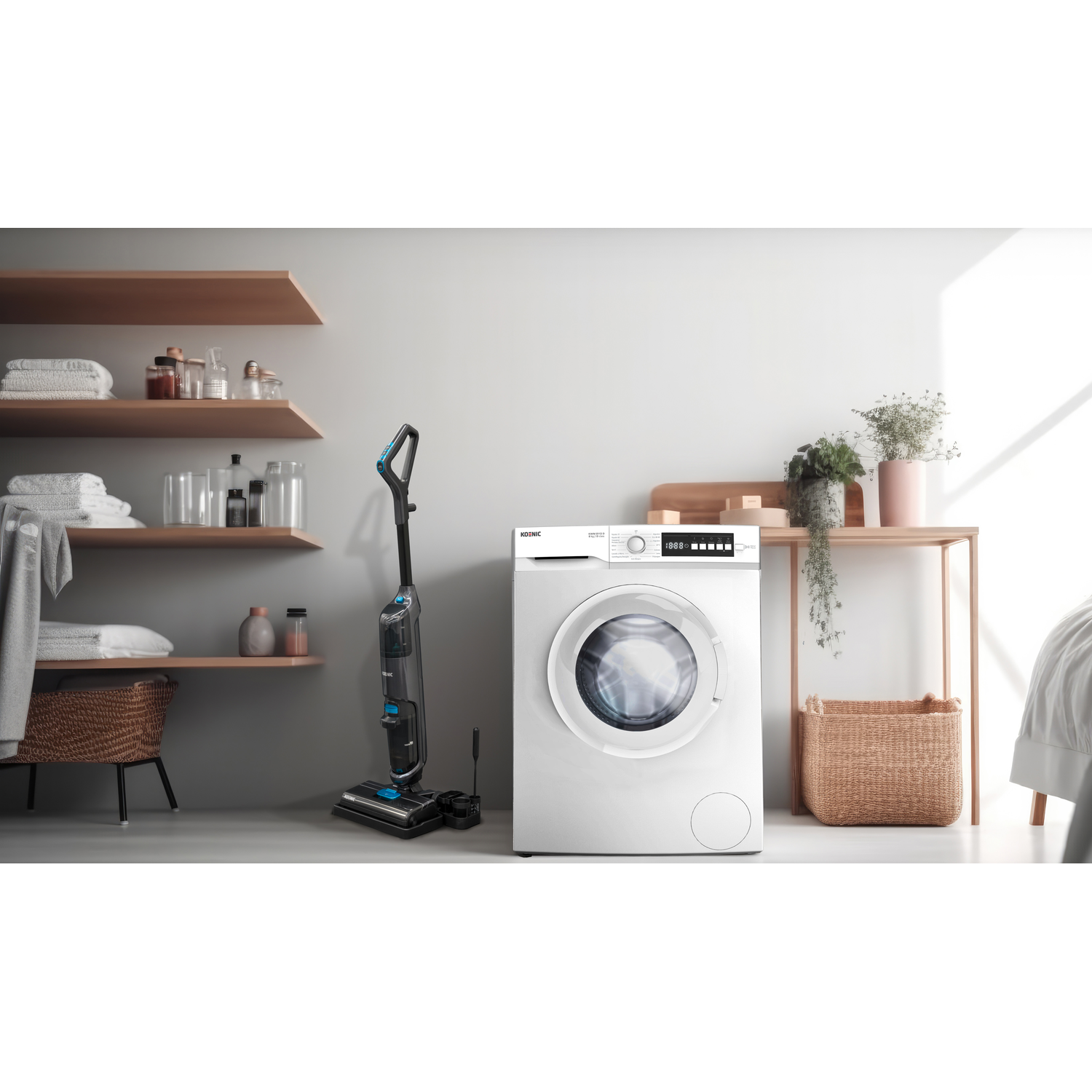 Laundry room: washing machine, vacuum, shelves with items and a basket. Grey and white.