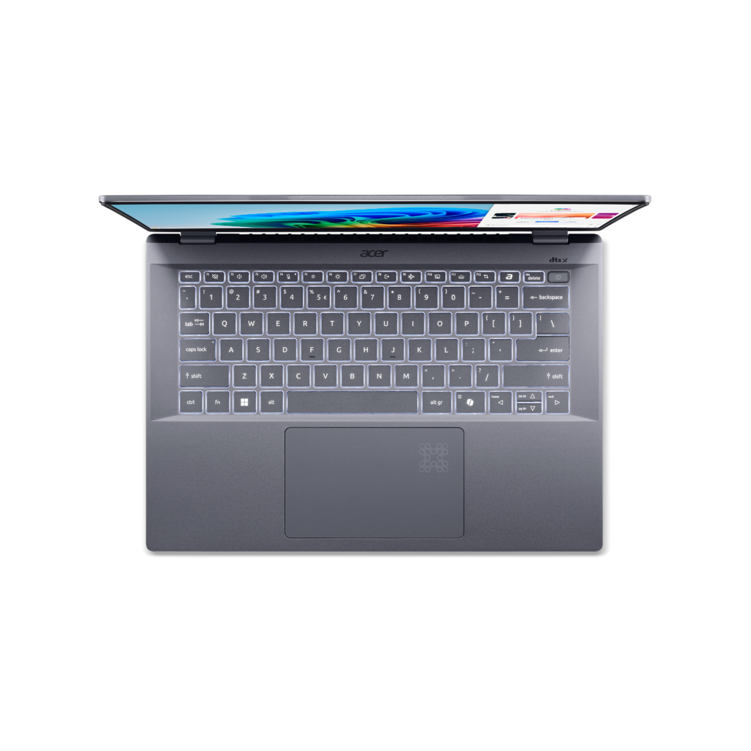 An Acer laptop from above on a black background. The screen is on and the keyboard lights up.