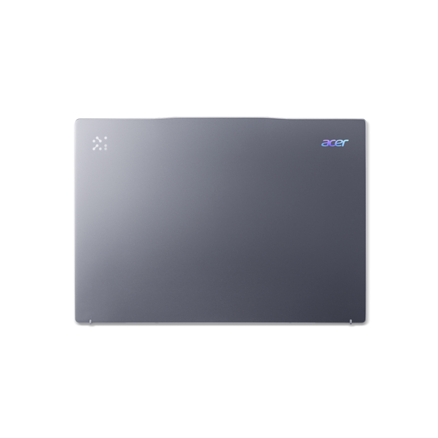 The back of an Acer laptop, closed, in dark gray. The Acer logo is on the top right corner.