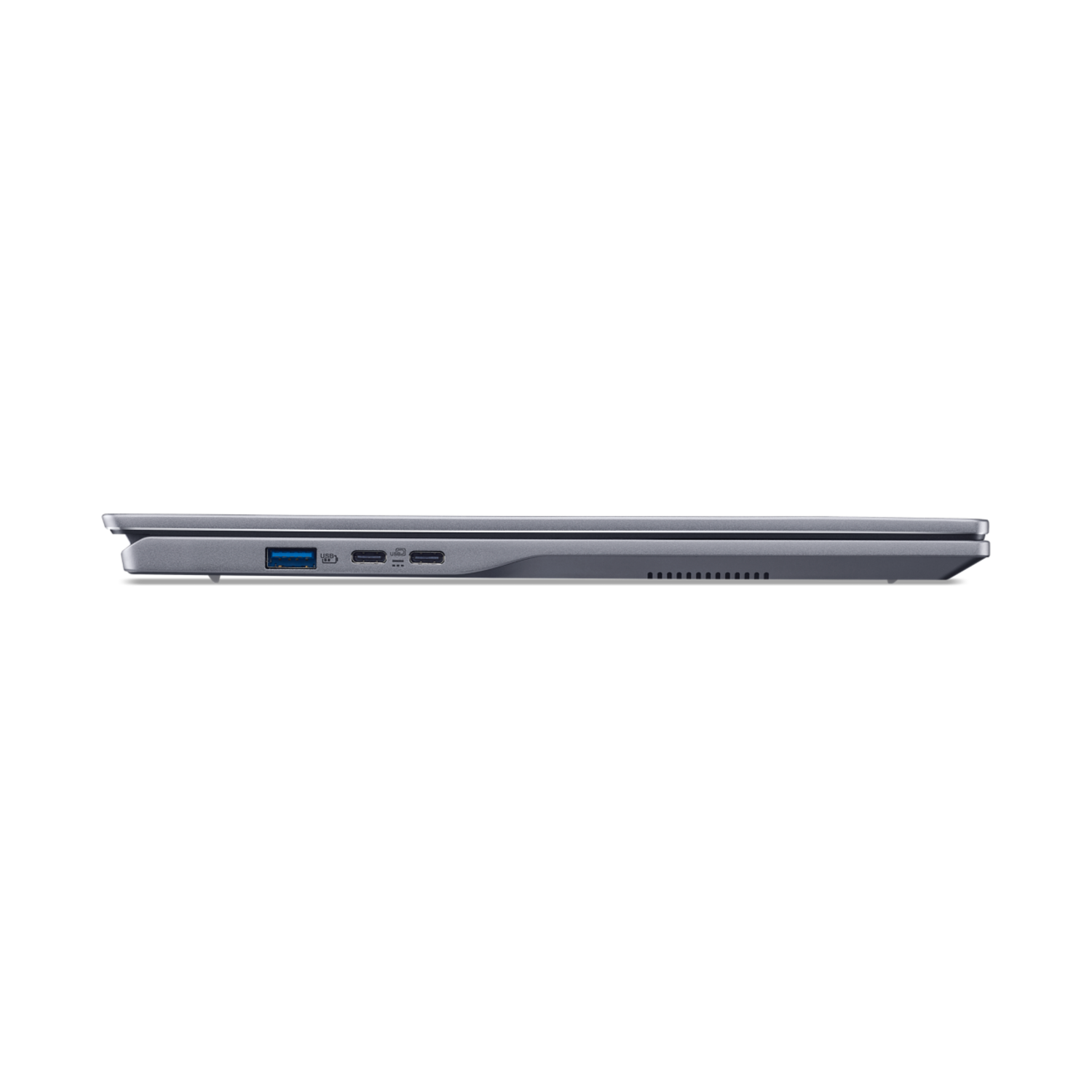 Side view of a silver laptop, with ports, on a black background.
