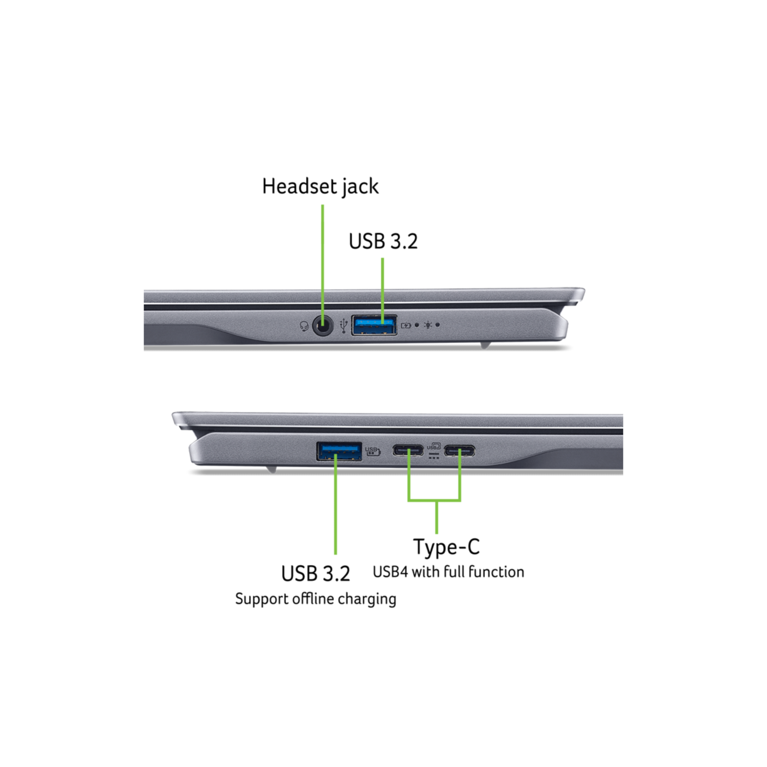 Close up of laptop ports. Shows audio, USB, and other ports on the side of a laptop.