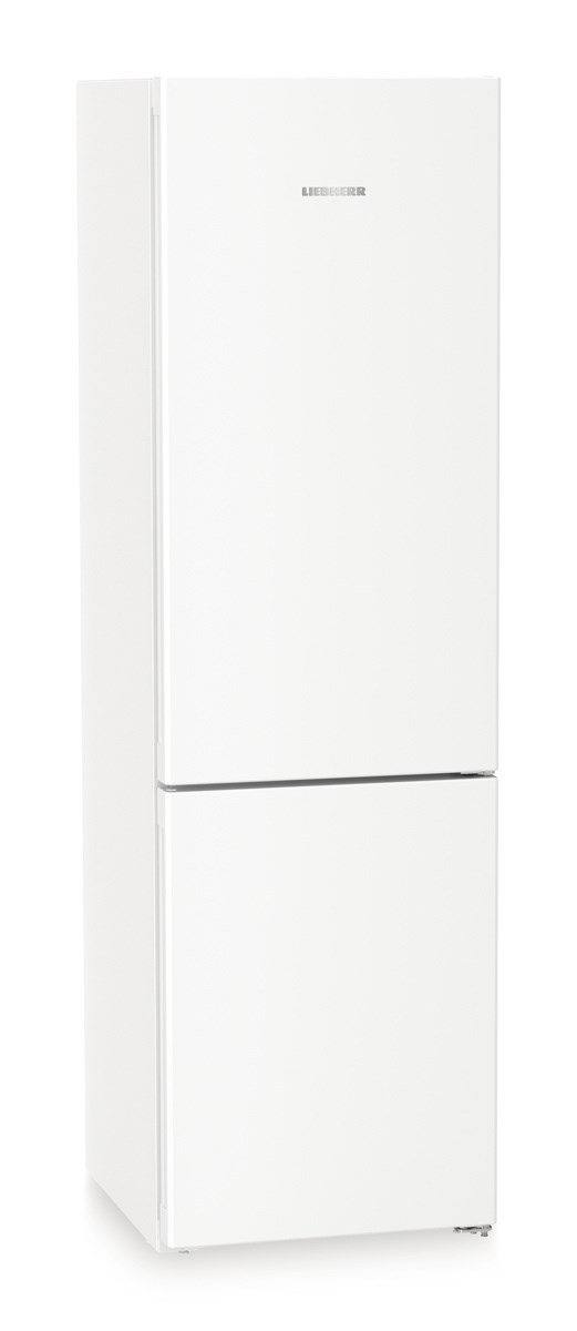 Weißer Liebherr-Kühlschrank mit zwei Türen und einem silbernen Griff.