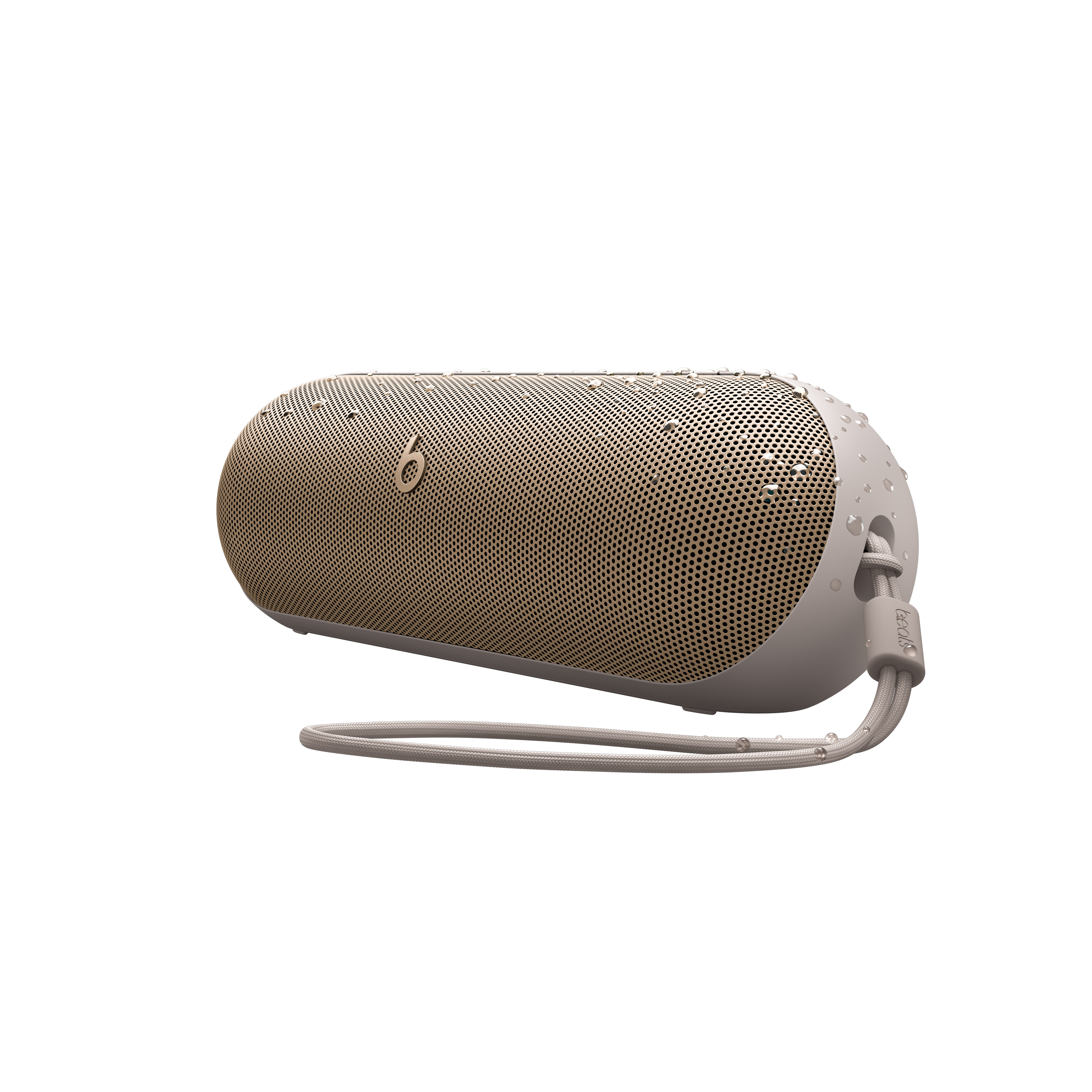 Altavoz ovalado, color beige, con correa gris. Gotas de agua visibles. Logotipo Beats.