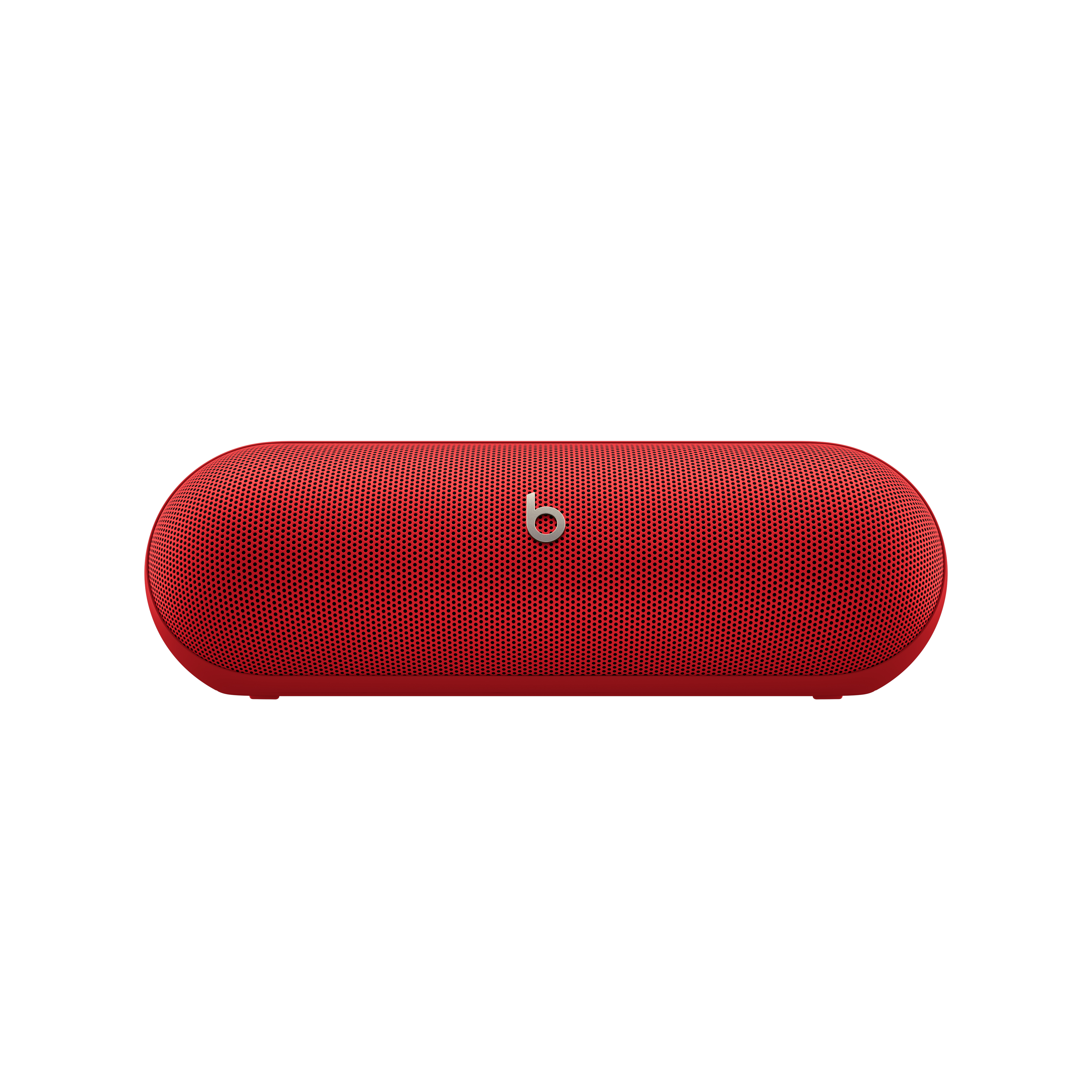 Altavoz portátil rojo, de forma ovalada, con el logotipo 'b' de Beats en el centro.