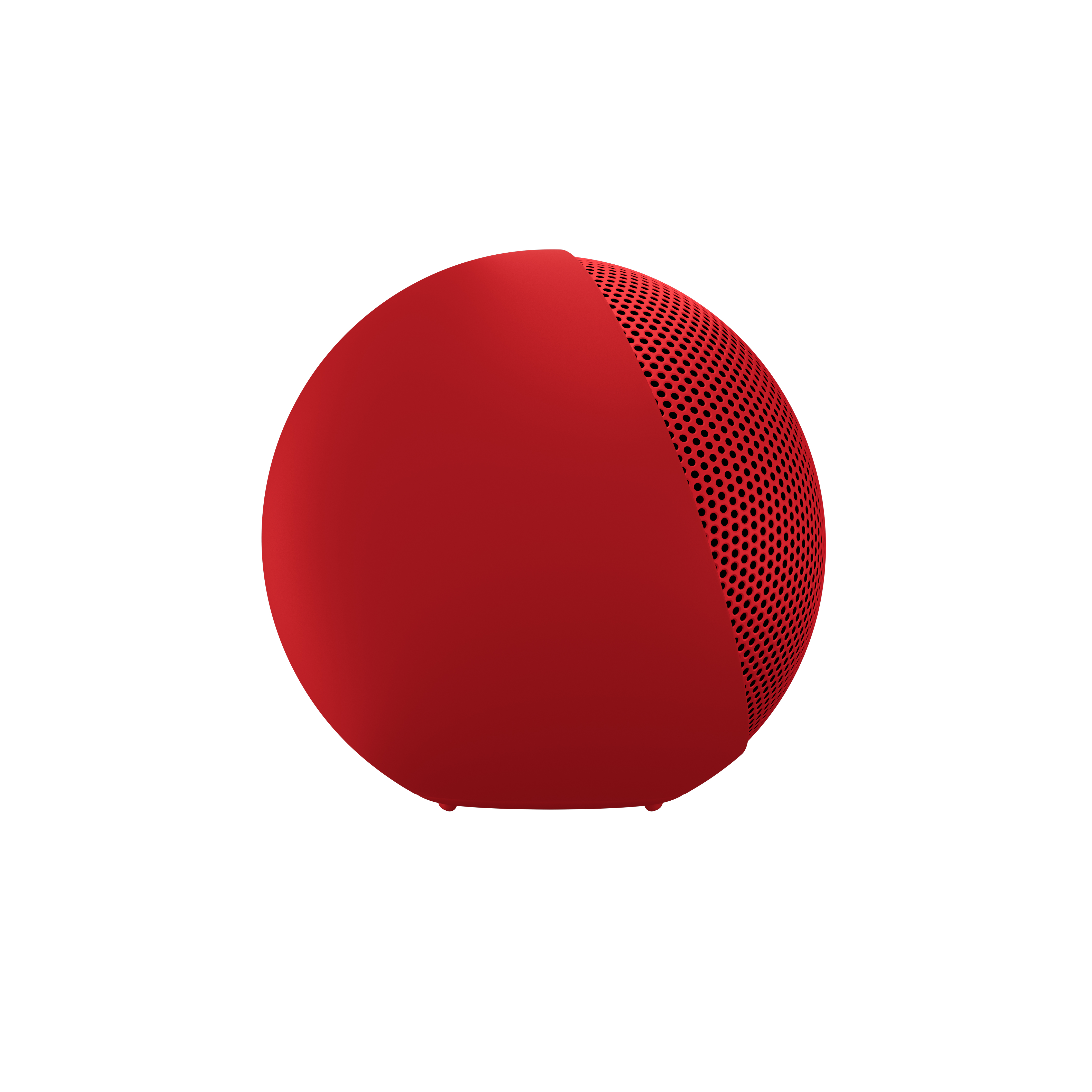 Un altavoz rojo, esférico, con una sección de malla negra.