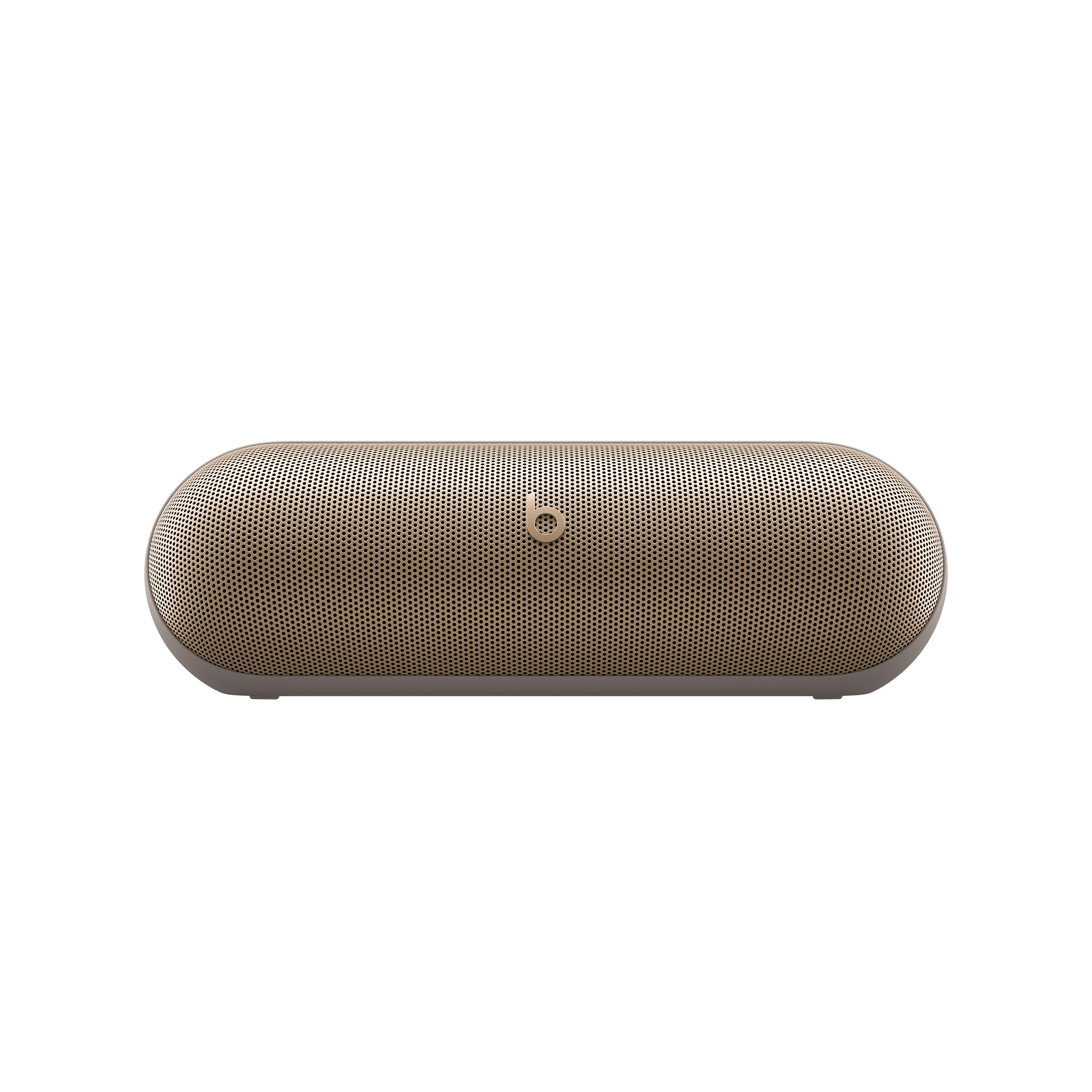 Altavoz dorado, de forma ovalada sobre una superficie blanca, con el logo de Beats visible.