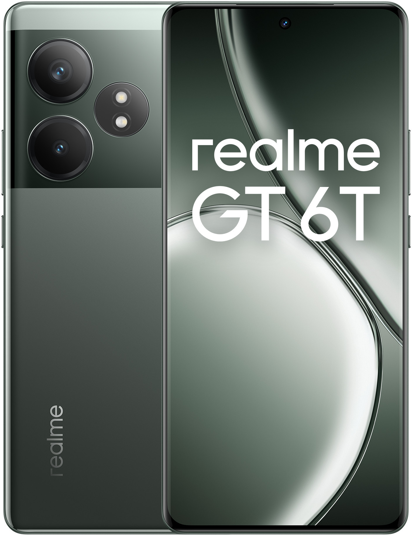 Telefon Realme GT 6T, w kolorze ciemnozielonym, z podwójnym aparatem i logo marki z tyłu.