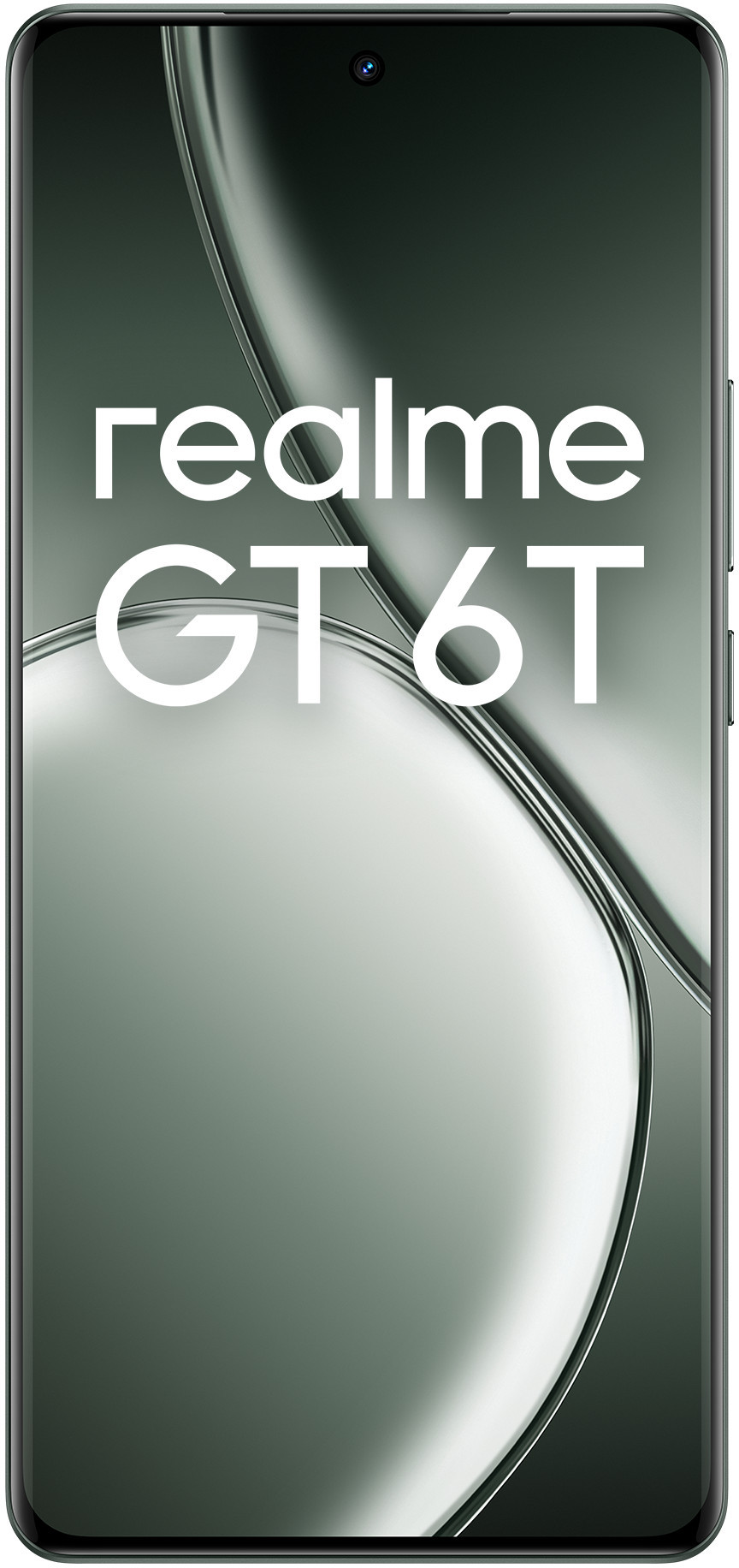 Smartfon ze słowami "realme GT 6T" na ekranie, na zielonym tle.