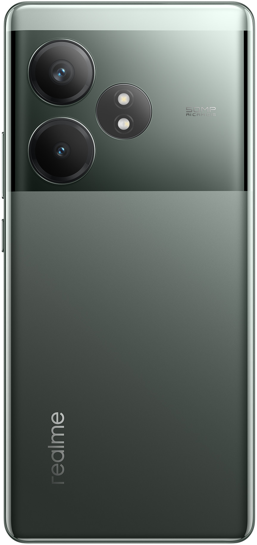 Zielony tył smartfona z trzema aparatami i logo Realme. Elegancki design.