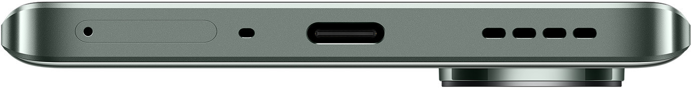 Widok od dołu zielonego telefonu. Posiada port ładowania, otwory na mikrofon i głośnik.