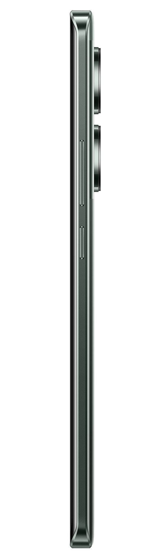 Ciemnozielony smartfon, widok z boku, z aparatami i przyciskami.