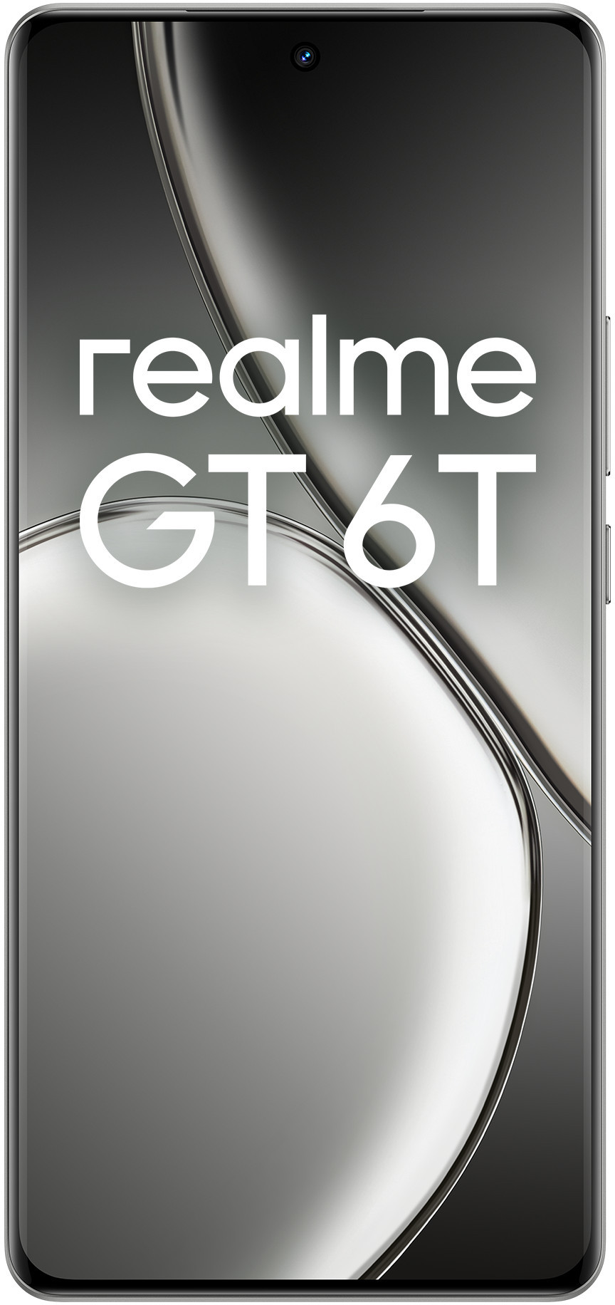 Smartfon z białym tyłem i czarnym ekranem z tekstem 'realme GT 6T'.