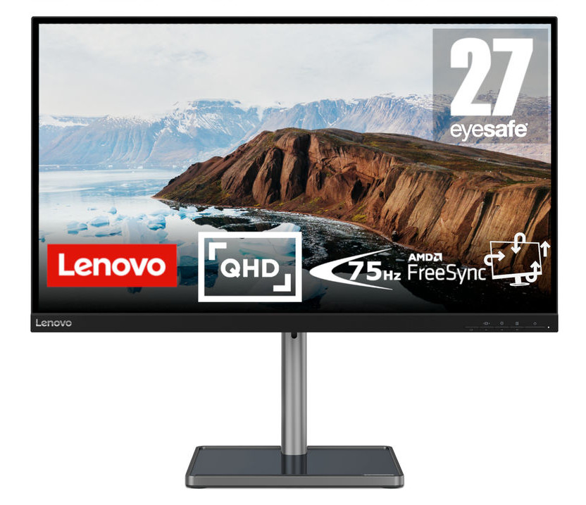 Monitor komputera z górskim krajobrazem i logo Lenovo.