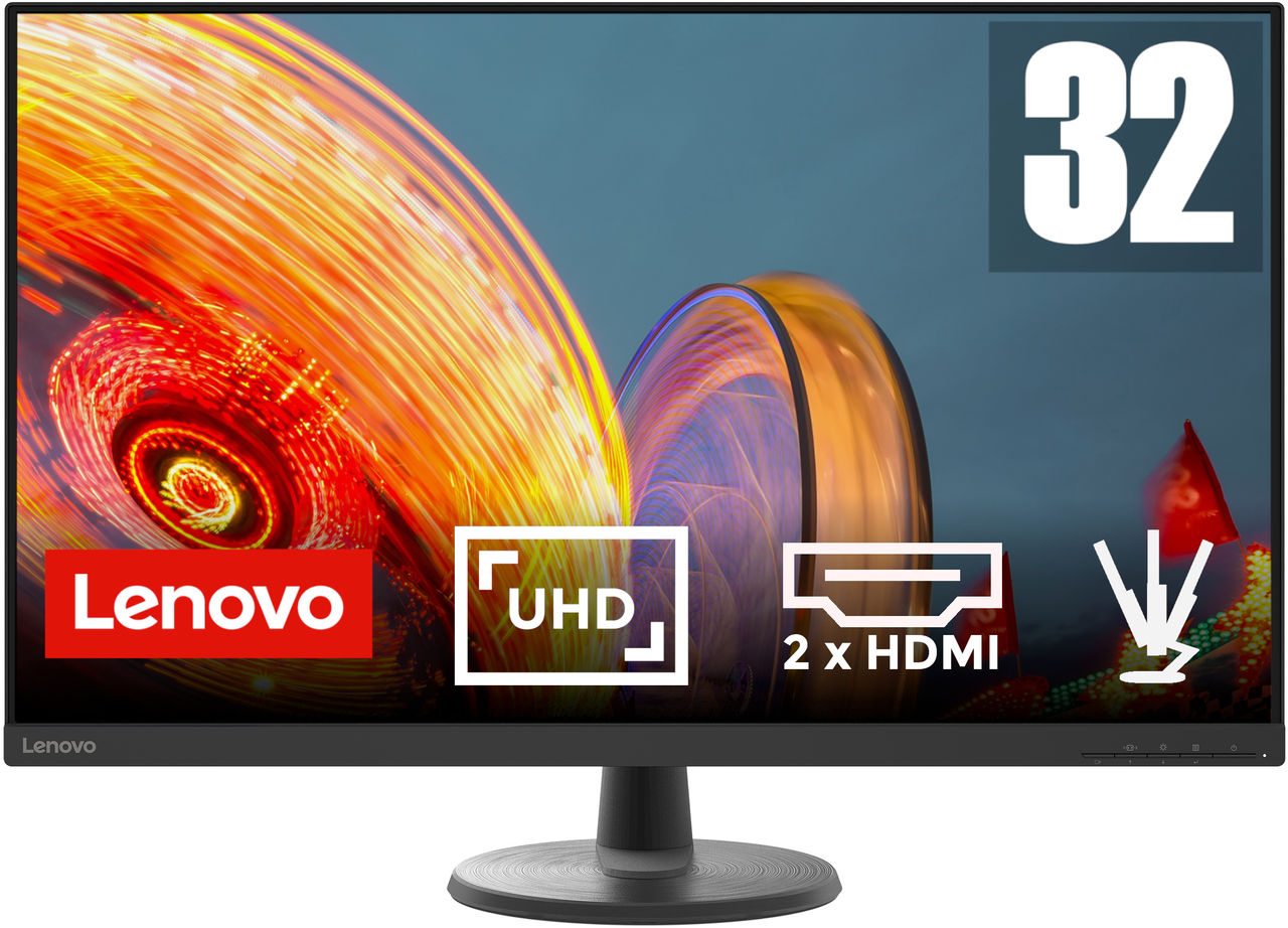 Monitor Lenovo 32 cale z UHD, 2xHDMI, na ciemnym tle z rozmytymi obrazami.