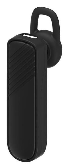 Czarny zestaw słuchawkowy Bluetooth z pętlą na ucho. Zestaw słuchawkowy jest elegancki i ma prosty design.