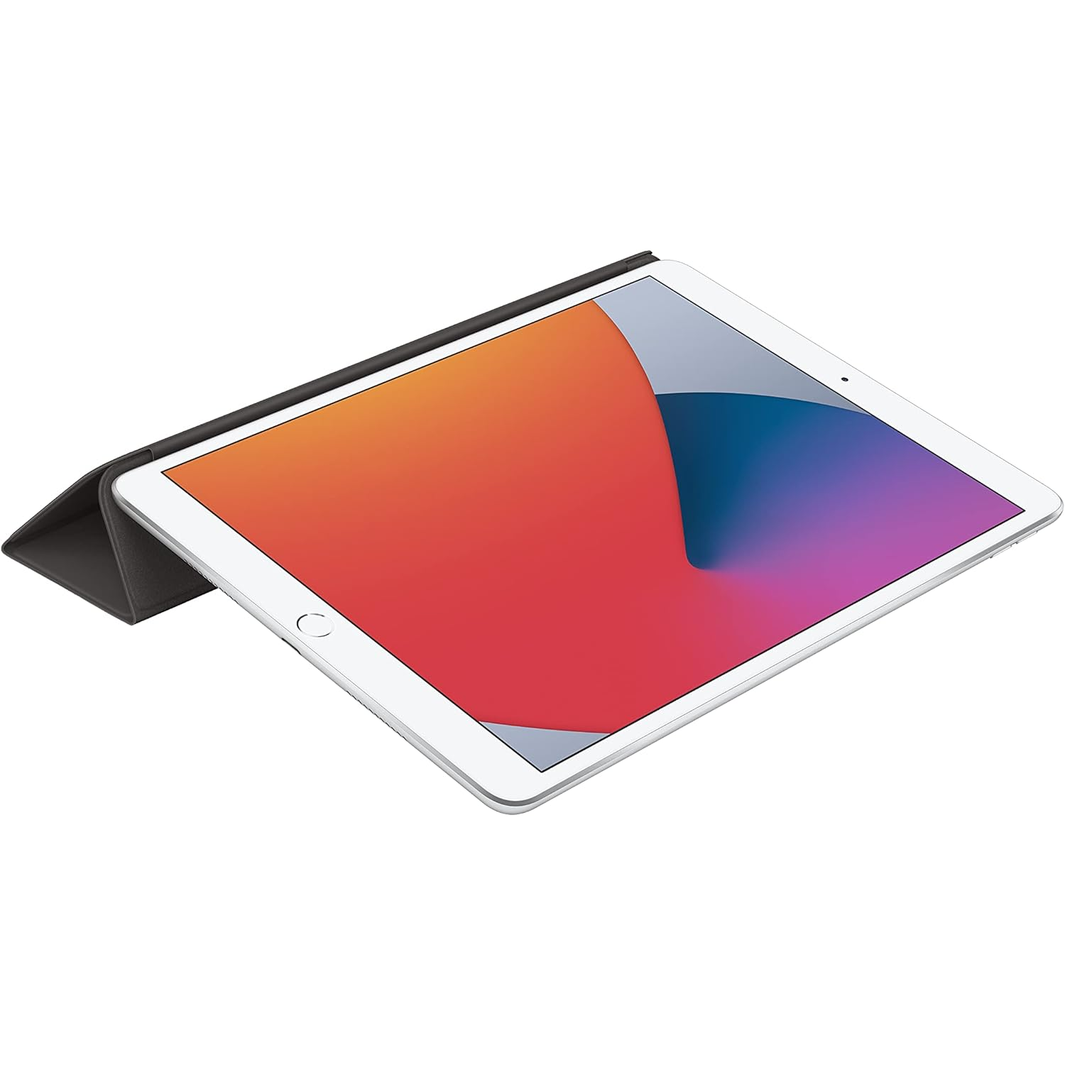 Een iPad met een rood-oranje en blauw scherm, met een zwarte hoes.