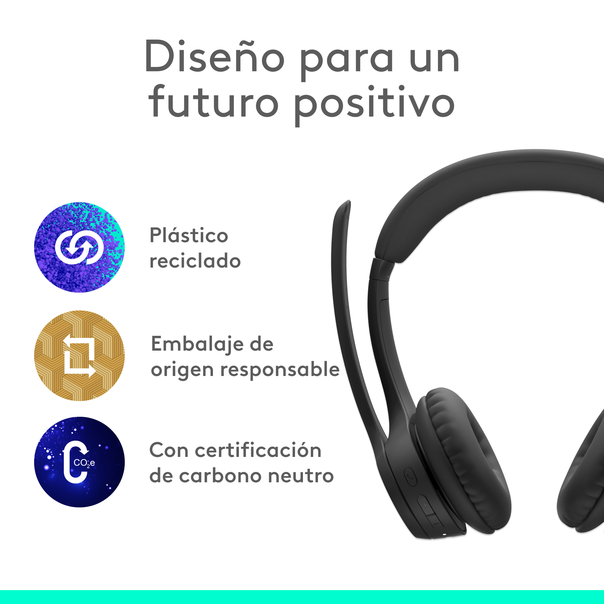 Auriculares negros con iconos y texto sobre sostenibilidad. Fondo blanco.