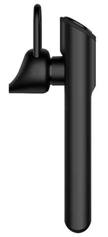 Czarny zestaw słuchawkowy Bluetooth. Posiada haczyk na ucho i długi, kątowy korpus.
