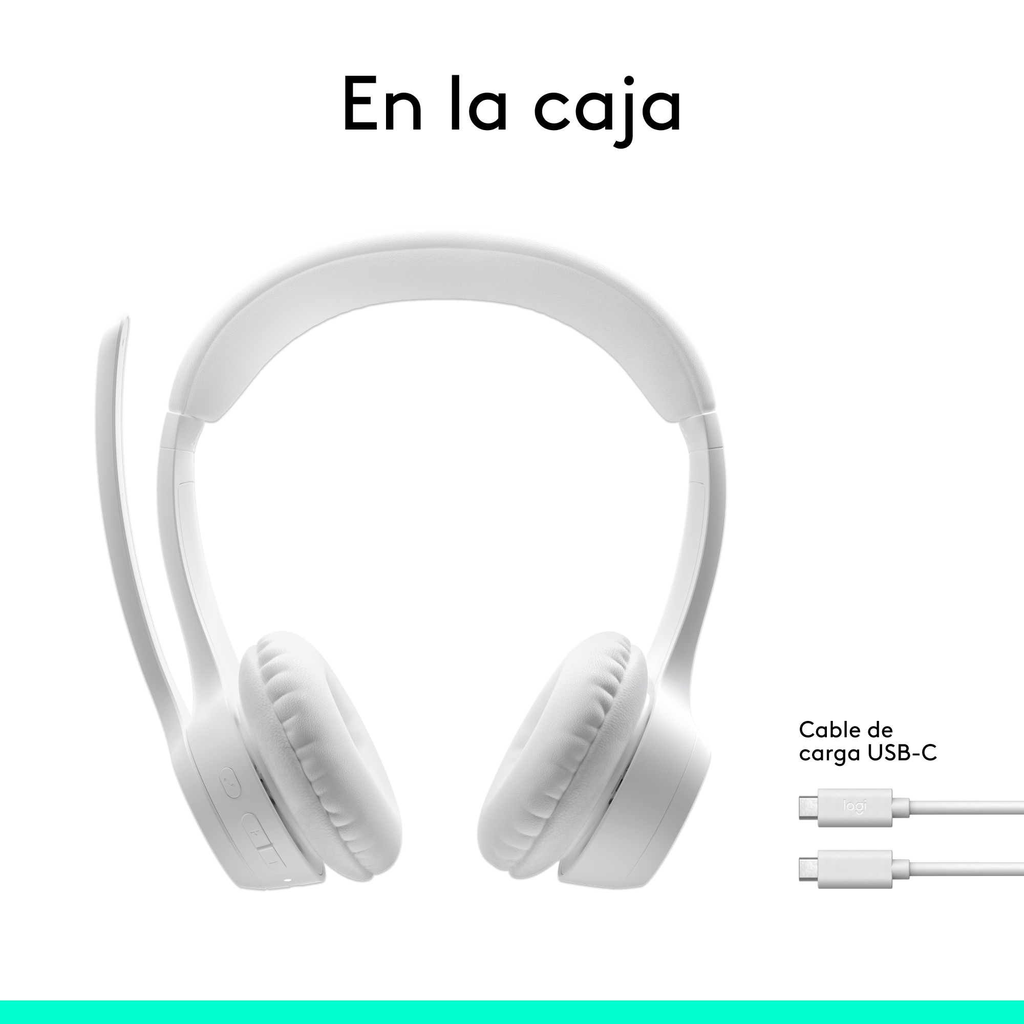 Auriculares blancos y un cable de carga USB-C sobre una superficie clara. Los auriculares están a la izquierda.