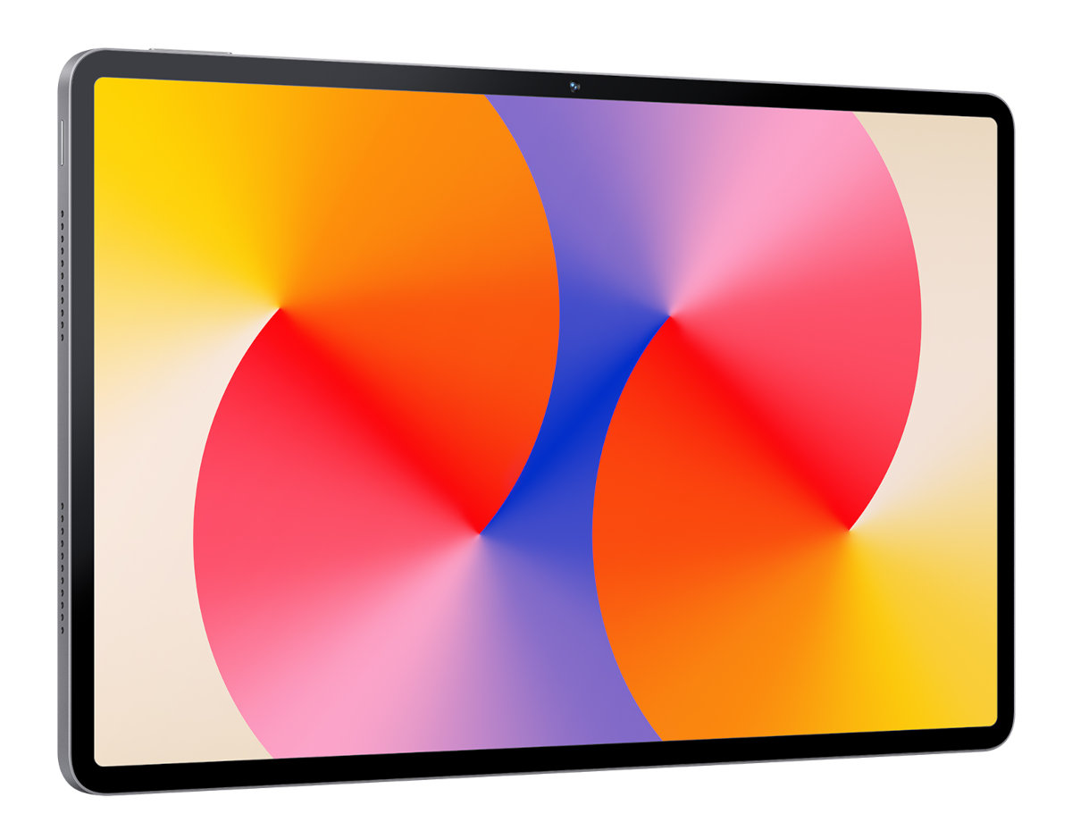 Tablet z kolorowym ekranem, srebrną ramką i aparatem.